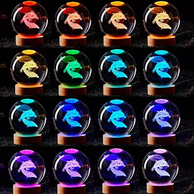 Grid of crystal ball lamps on wooden bases, each showing a 3D dragon-like figure illuminated in different colors (red, orange, yellow, green, blue, and purple) against a dark background