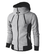 Grey and black zip-up hoodie with high collar, drawstrings, and contrast panel details.