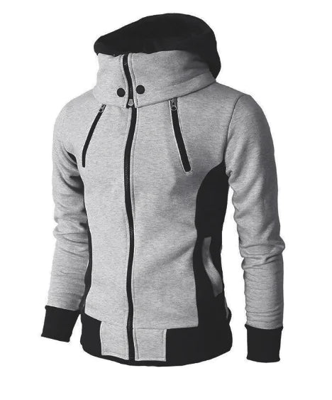 Grey and black zip-up hoodie with high collar, drawstrings, and contrast panel details.