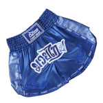 A pair of blue Muay Thai boxing shorts with "FIGHT" written along the waistband and side, featuring embroidered dragon designs.