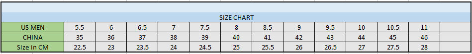 LED Ambient Light-Up Shoes Size Chart