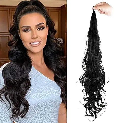 Side-by-side image showing a woman with long black wavy ponytail hair extension on the left, and a hand holding a long black curly ponytail hairpiece on the right, on a white background.