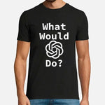 Black graphic T-shirt with “What Would [logo] Do?” slogan print on the front.