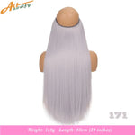 Back view of a long, straight light-gray hairpiece/wig on a mannequin head with a small top cap; text indicates weight 110 g and length 60 cm (24 inches).