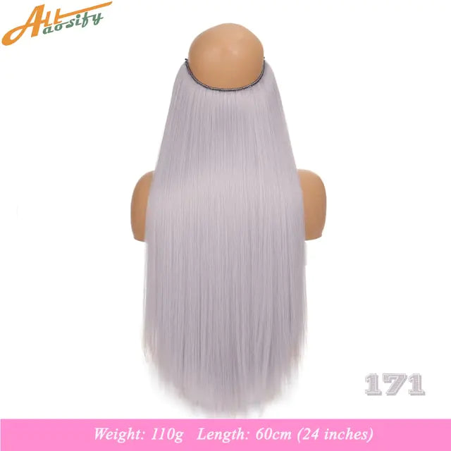 Back view of a long, straight light-gray hairpiece/wig on a mannequin head with a small top cap; text indicates weight 110 g and length 60 cm (24 inches).
