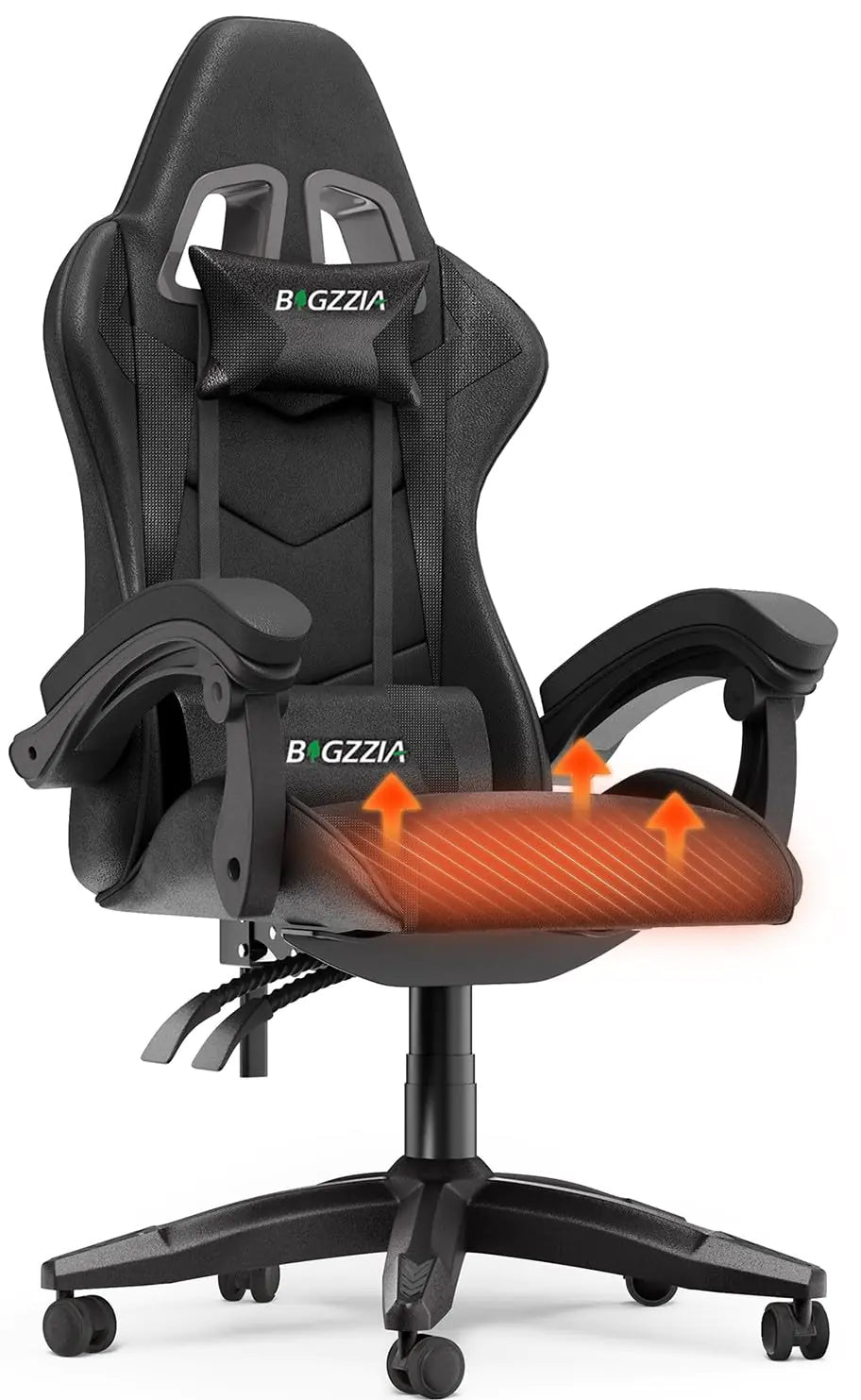 Black office chair with heating pad and Bizzizia branding on a white background