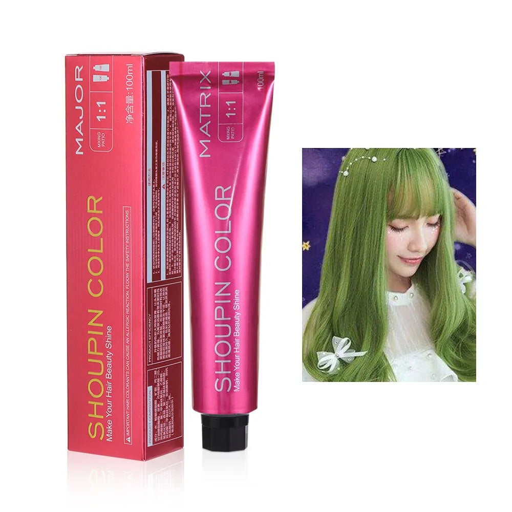 Box and tube of “MAJOR Shoupin Color” hair dye (Matrix 11.1, 100 ml) with an inset photo of a model with bright green hair.