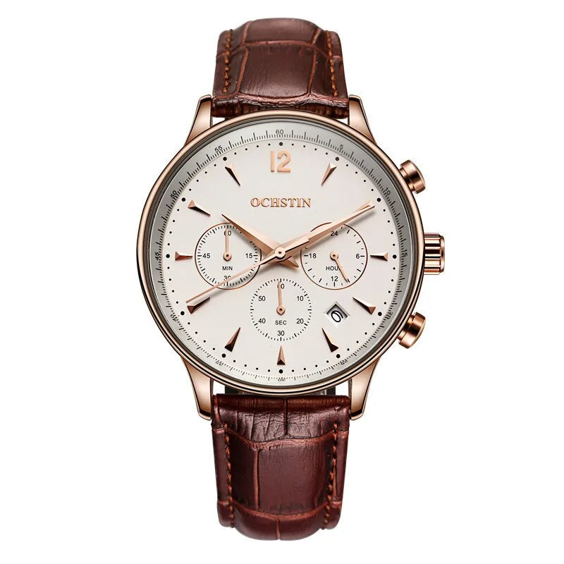 Rose gold-tone chronograph wristwatch with a white dial, three sub-dials, a date window, and a brown leather strap, branded ‘OCHSTIN,’ shown on a white background