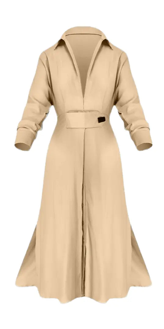 Light blue long-sleeve belted dress with a deep V-neck, collared neckline, and button-down front, designed with a flared hem and slit sides.