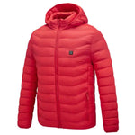 A red quilted puffer jacket with a hood and front zipper, featuring a small square logo patch on the chest, shown on a white background.