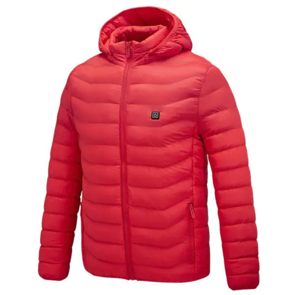 A red quilted puffer jacket with a hood and front zipper, featuring a small square logo patch on the chest, shown on a white background.