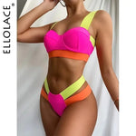 Model wearing a neon color-block bikini with a hot pink top, lime green straps, and orange accents, photographed against a light backdrop with “ELLOLACE” text along the side.
