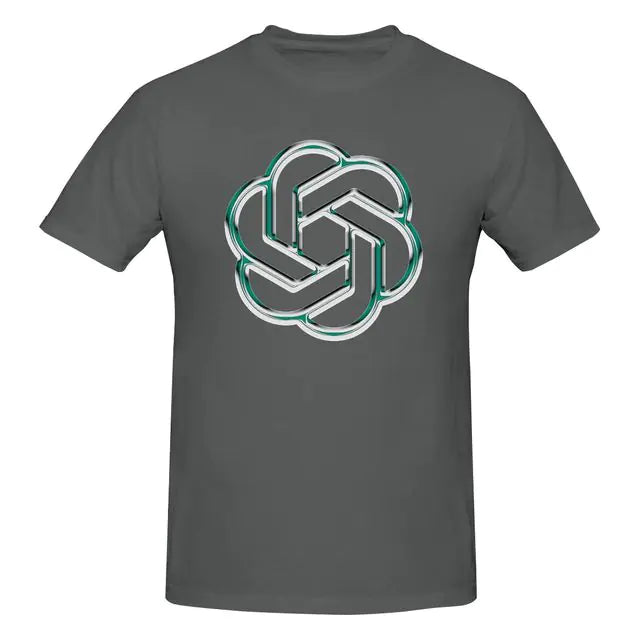 Dark gray crewneck T-shirt with a large silver-and-teal interlocking knot logo printed in the center of the chest.