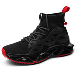 A vibrant red athletic sneaker featuring a breathable knit upper, lace-up design, and a unique, futuristic sole with hollowed cushioning pods for enhanced flexibility and support.