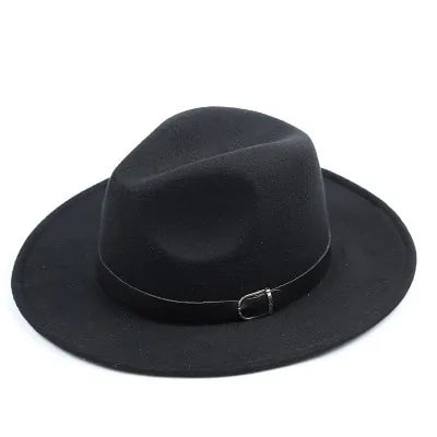 Black wide-brim fedora hat with a matching band and small metal buckle, shown on a plain white background.