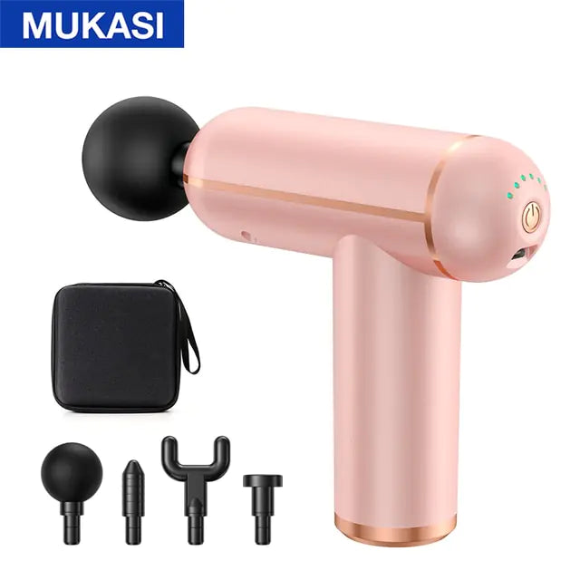 Pink handheld percussion massage gun labeled “MUKASI” with a black round massage head attached, shown with a small black carrying case and four interchangeable attachment heads on a white background.