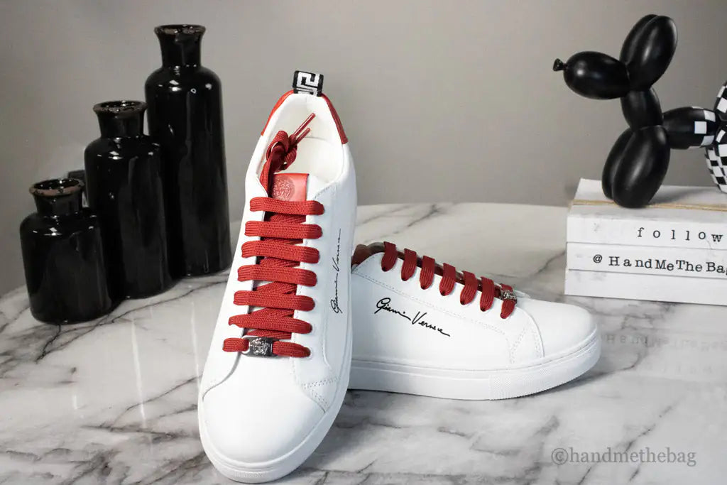 Versace White Red Vitello Signature Leather Sneakers