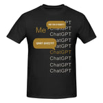 Black T-shirt with a ChatGPT-themed text graphic and speech bubbles on the front.