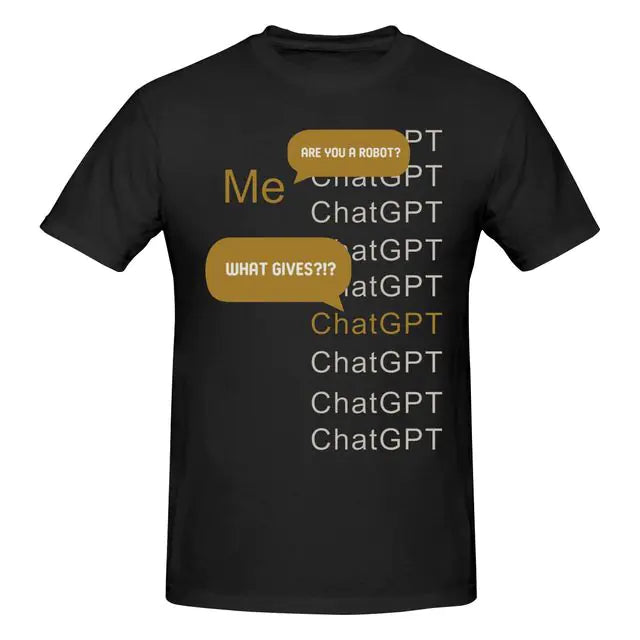 Black T-shirt with a ChatGPT-themed text graphic and speech bubbles on the front.
