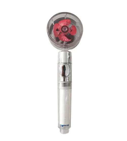Handheld shower head with a transparent round top, visible red propeller blades, and a silver handle.