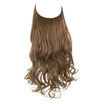 Long straight hair extension with a dark brown top fading to light blonde, with softly curled ends, shown on a white background.