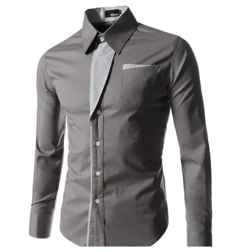 Beige colour long-sleeve button-up dress shirt with a pointed collar, white buttons, and a patterned inner collar/cuff detail plus a small contrasting chest-pocket trim, shown on a white background.