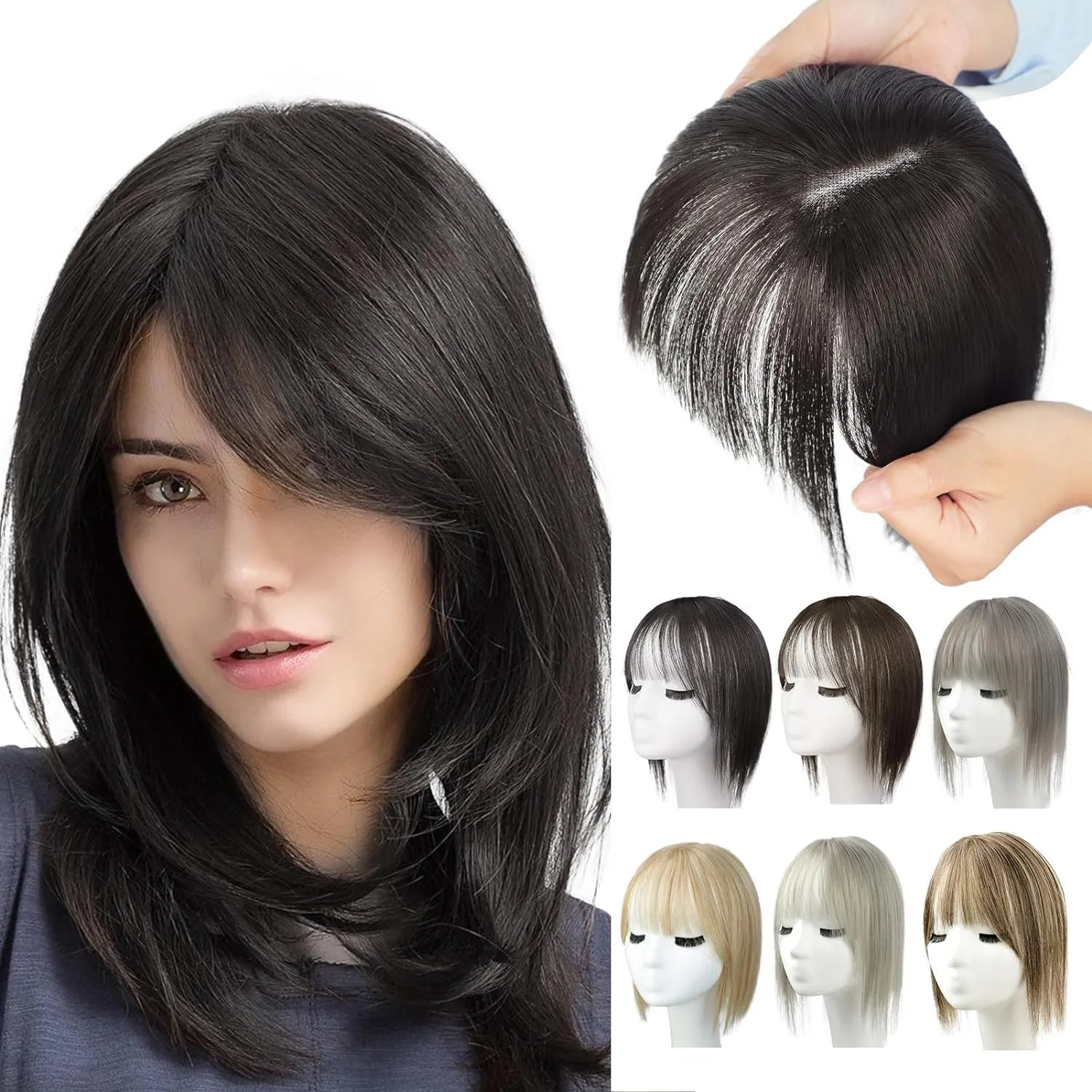 Product collage showing a woman wearing a shoulder-length black layered wig with side-swept bangs, a close-up of the wig’s top and part held in hands, and six small color options displayed on mannequin heads.
