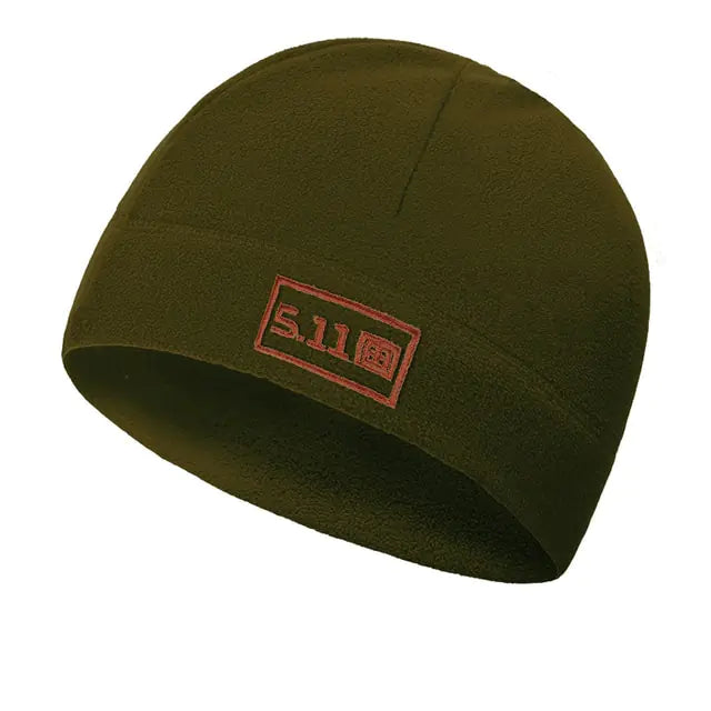 Olive green 5.11 tactical fleece beanie.