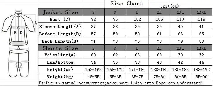 HOT Wolf Men Cycling Jersey Size Chart