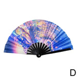Open folding hand fan with a blue and purple marbled swirl design and black ribs, labeled “D,” on a white background.