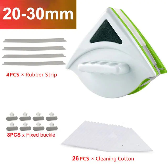 White and green magnetic window-cleaning tool shown with accessories, including rubber strips, fixed buckles, and cleaning cotton pads, labeled for 20–30mm glass.