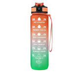 Gradient motivational water bottle (orange to green) with a black flip-top lid and wrist strap, printed with hourly time markers and phrases like “Get started,” “Keep chugging,” and “Refill.”