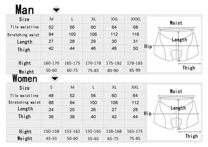 Comfy Biking Unisex Riding Shorts Size Chart