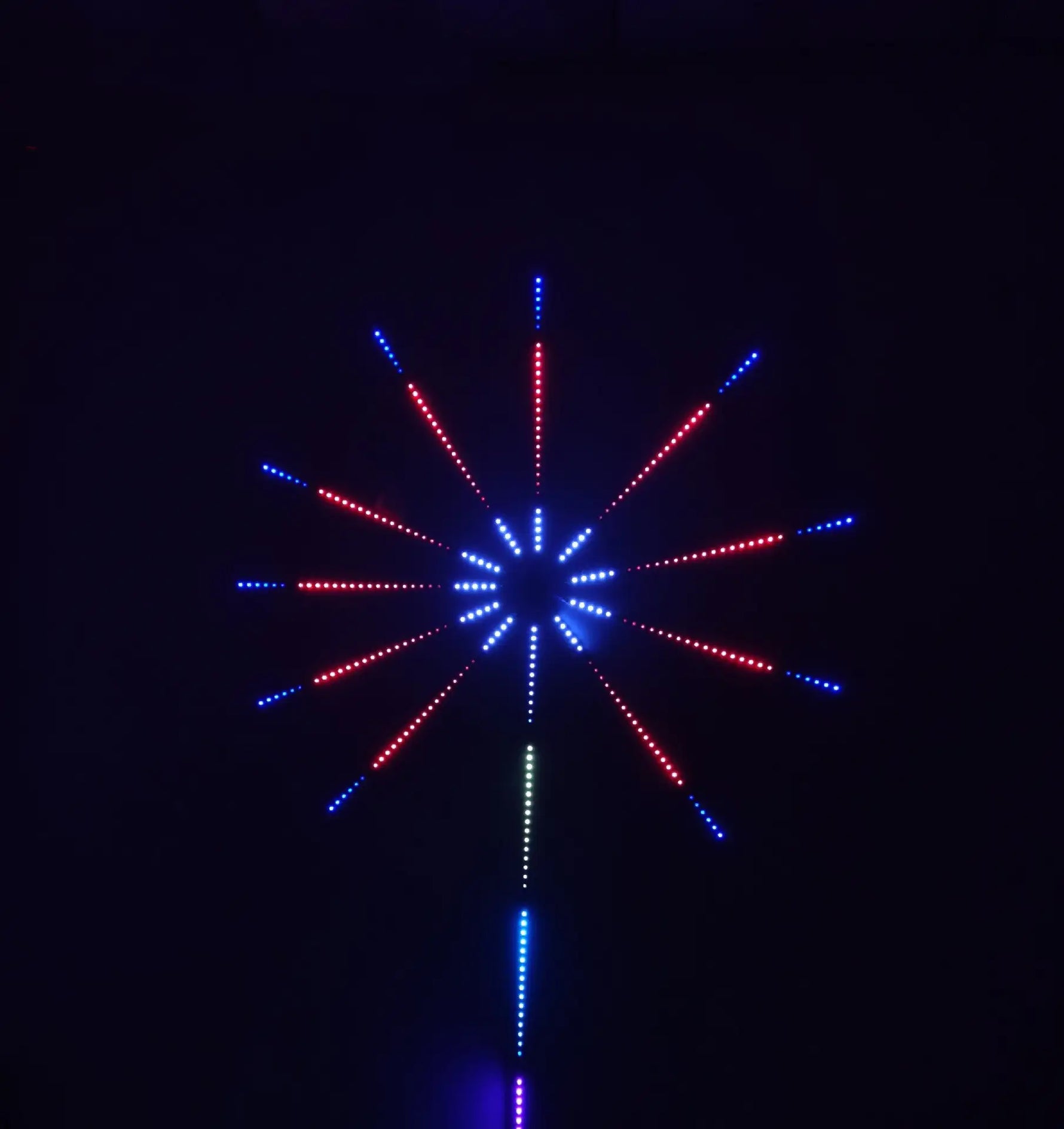 Red and blue LED firework-style hanging light.
