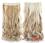 Two views of a long wavy halo hair extension in an ombré blend from brown roots to cool blonde ends, labeled “Brown to Cool Blonde,” on a white background.