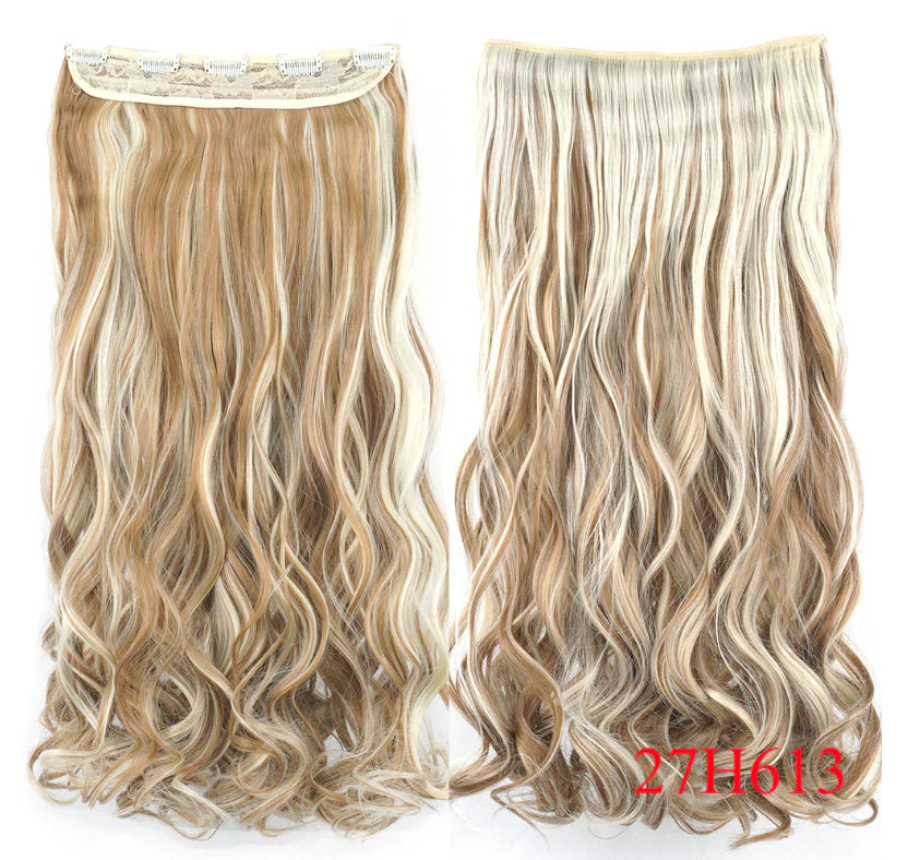 Two views of a long wavy halo hair extension in an ombré blend from brown roots to cool blonde ends, labeled “Brown to Cool Blonde,” on a white background.