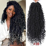 Side-by-side image of a woman wearing long, curly faux locs/boho twists in deep black, and the matching hair extension bundle shown from the back; the color label “#1B” appears at the bottom.
