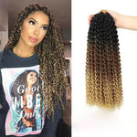 Split image showing a woman with long, tight curly ombré hair (dark roots fading to honey blonde) on the left, and a matching curly hair extension bundle held in a hand on the right.