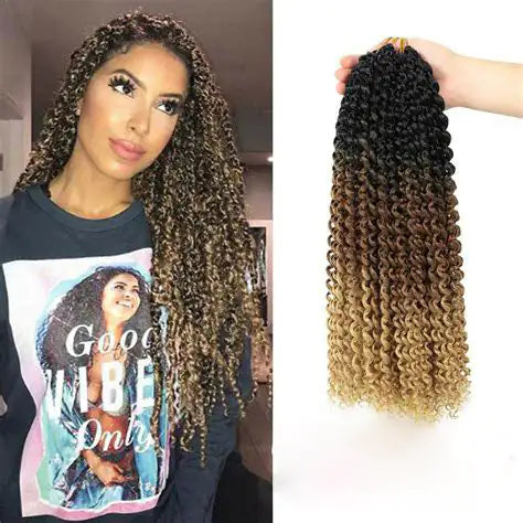 Split image showing a woman with long, tight curly ombré hair (dark roots fading to honey blonde) on the left, and a matching curly hair extension bundle held in a hand on the right.