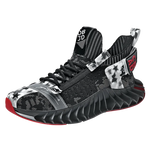 Black athletic sneaker with a knit upper, gray camo-style accents, a sock-like collar, and a sculpted black sole with red trim.