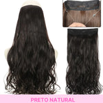 Product collage showing a long, wavy black halo hair extension worn on the back of a head and displayed separately, with a close-up of the wire band attachment; text at the bottom reads ‘PRETO NATURAL.