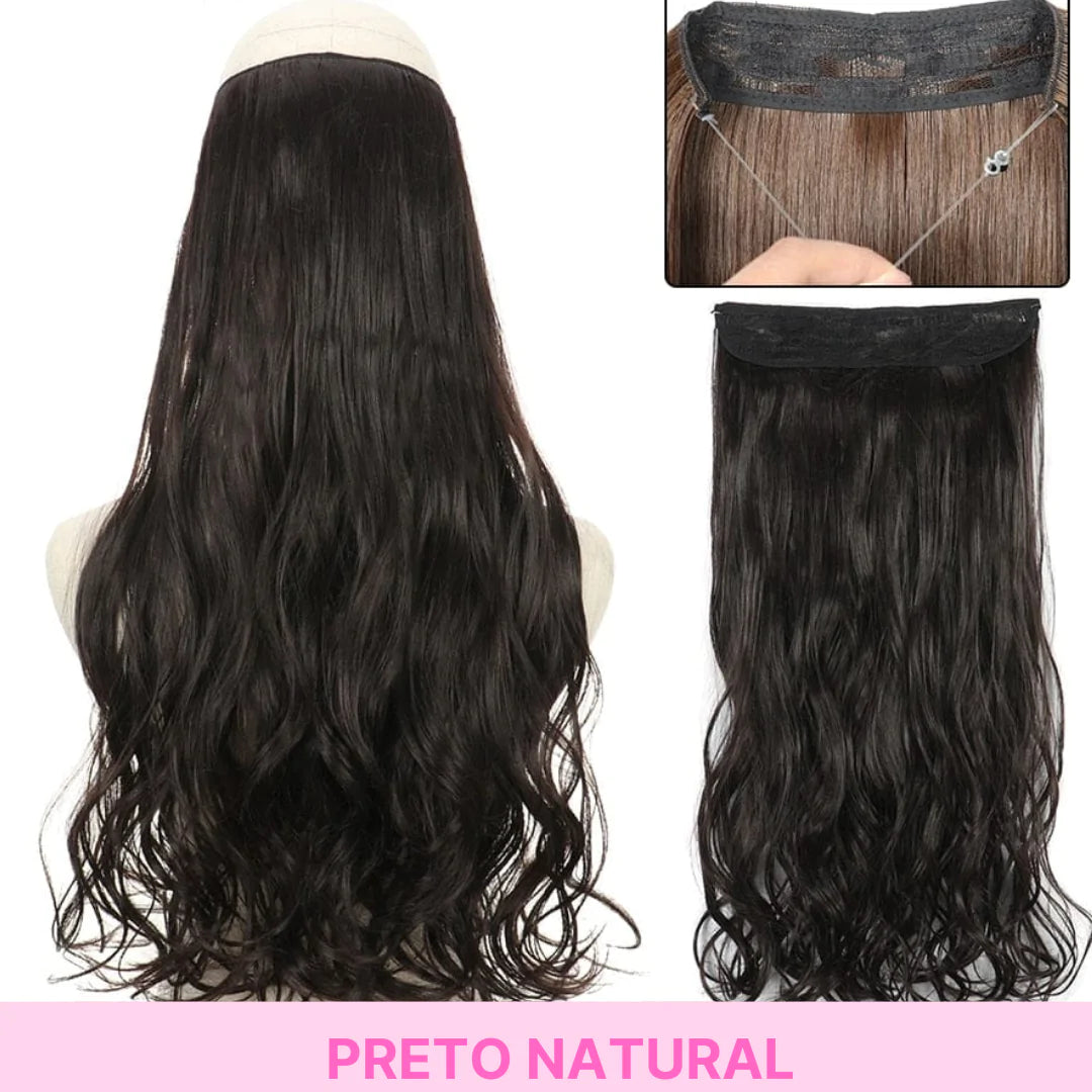 Product collage showing a long, wavy black halo hair extension worn on the back of a head and displayed separately, with a close-up of the wire band attachment; text at the bottom reads ‘PRETO NATURAL.
