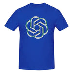 Blue T-shirt with central logo graphic.