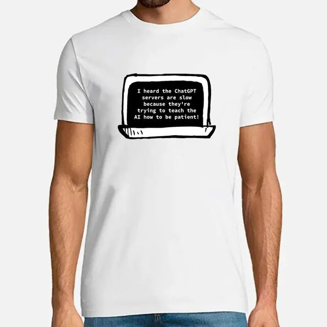 White graphic T-shirt with a green logo print in a black square on the front.
