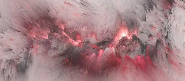 Abstract, smoky artwork with gray wisps and a glowing red-pink band running through the center, resembling embers or a distant nebula.