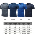 Men’s short-sleeve athletic T-shirts in grey, dark blue, blue and black, shown with a size chart.
