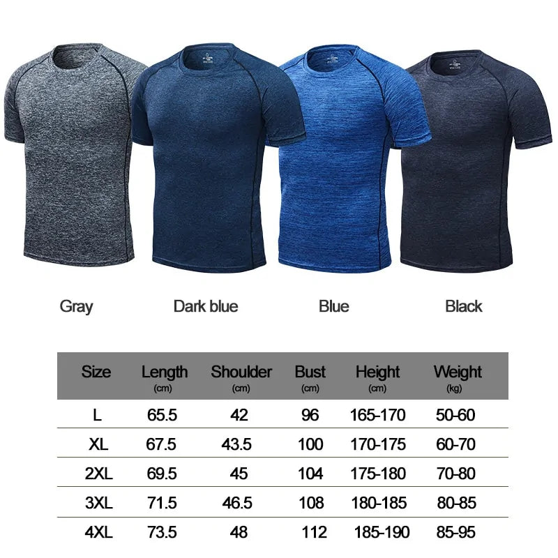 Men’s short-sleeve athletic T-shirts in grey, dark blue, blue and black, shown with a size chart.
