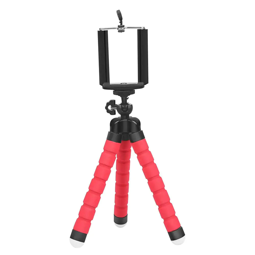 Small tabletop tripod with red foam legs and a black adjustable phone holder mount, shown on a white background.