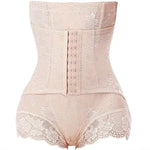 Beige floral lace waist trainer shorts with front hook closure.