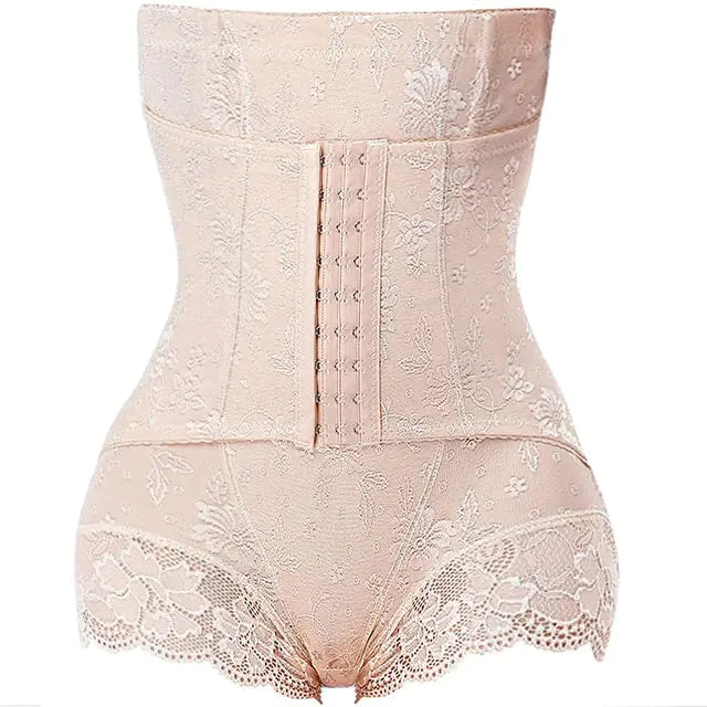 Beige floral lace waist trainer shorts with front hook closure.